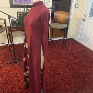 Maroon Cheongsam Style Floral Maxi Dress with Dual Side Slits sz Small
